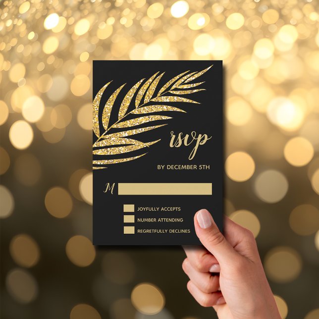 Cartons Réponse Élégant Palmier Pailleté Or Noël Fêtes (Elegant Gold Glitter Palm Holiday Christmas Party RSVP Cards)