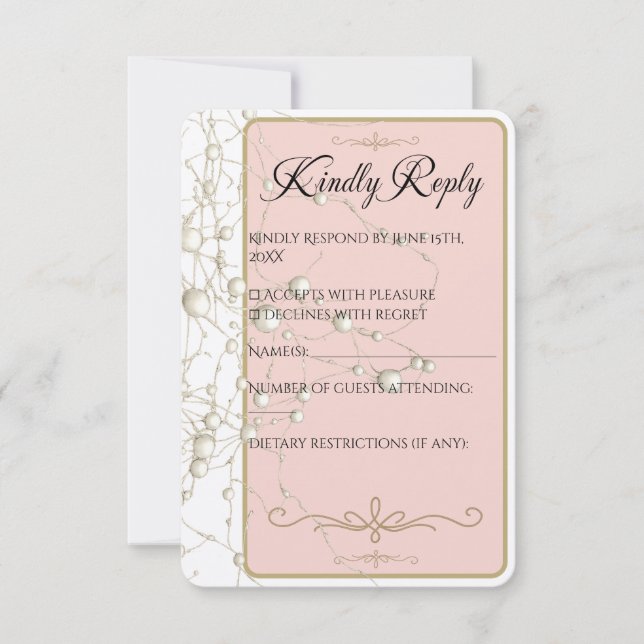 Cartons Réponse Elégant Pearl Gold Script Mariage Perles romantiqu (Devant)