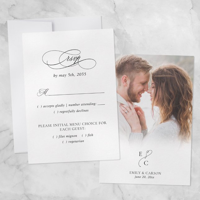 Cartons Réponse Élégant photo Mariage Repas Monogramme Logo Noir (Créateur téléchargé)