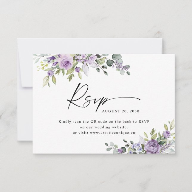 Cartons Réponse Elegant Purple Floral Wedding Website QR Code  (Devant)