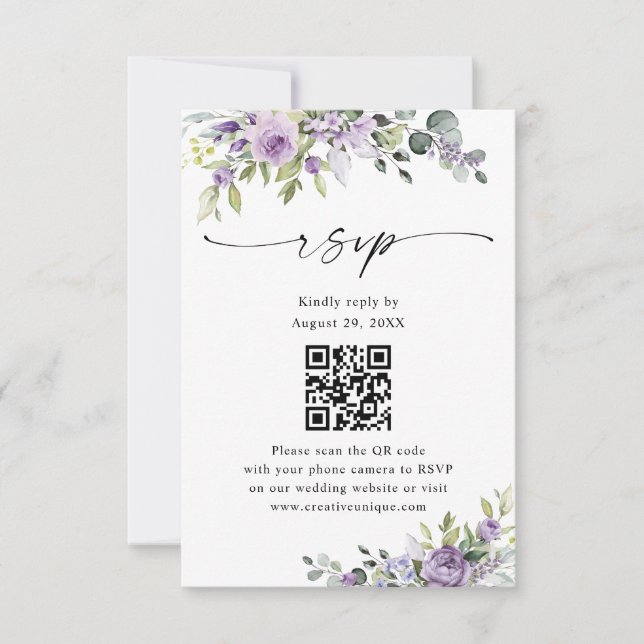 Cartons Réponse Elegant Purple Floral Wedding Website QR Code (Devant)