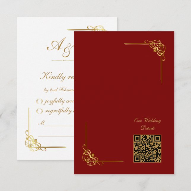 Cartons Réponse Elegant Red Gold Wedding Event QR Code (Devant / Derrière)