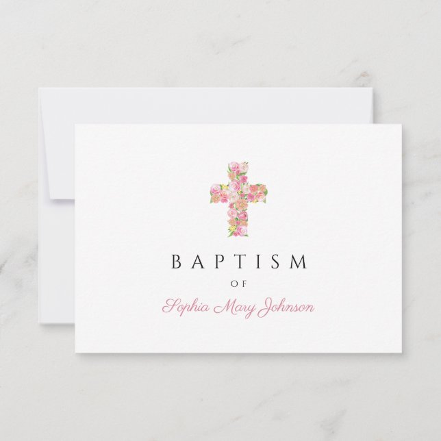 Cartons Réponse Élégant Religieux Floral Croix rose Fille Baptême (Dos)