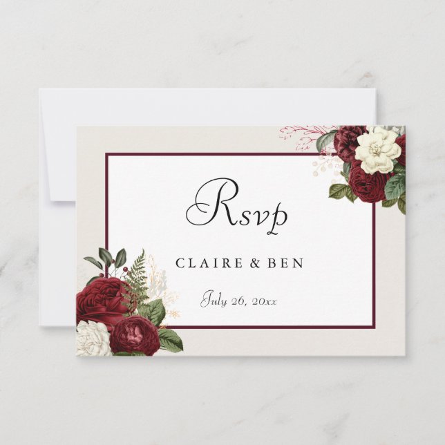 Cartons Réponse Élégant Romantique Bourgogne Rouge Fleurs Mariage (Devant)