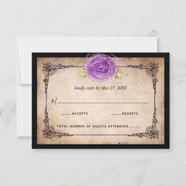 Cartons Réponse Elégant Rose aquarelle Rustique Mariage violet or (Devant)