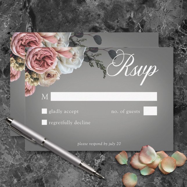 Cartons Réponse Élégant rose blanc Rose gris Mariage (Elegant Pink White Floral Roses Gray Wedding RSVP Card)