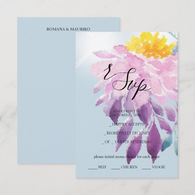 Cartons Réponse Elégant rose violet bleu Dahlia Aquarelle Art (Devant / Derrière)