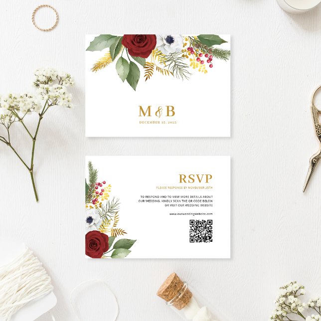 Cartons Réponse Élégant rouge or Floral Monogramme QR Code Mariage (Créateur téléchargé)