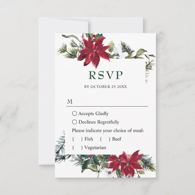 Cartons Réponse Elégant rouge Poinsettia Aquarelle Pine Mariage (Devant)