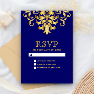 Cartons Réponse Elégant Royal Blue Gold Mariage damassé