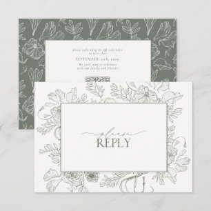 Cartons Réponse Élégant Sage Green Floral Line Art Mariage QR Code