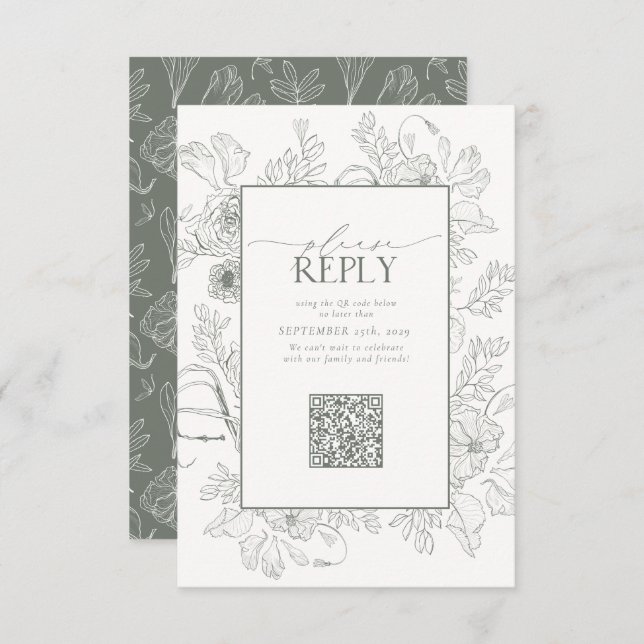 Cartons Réponse Elegant Sage Green Mariage QR Code Veuillez Répond (Devant / Derrière)