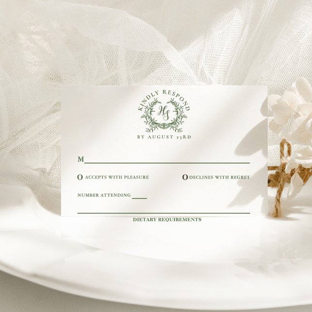 Cartons Réponse Élégant Sage Green Monogram Crest Mariage (Créateur téléchargé)