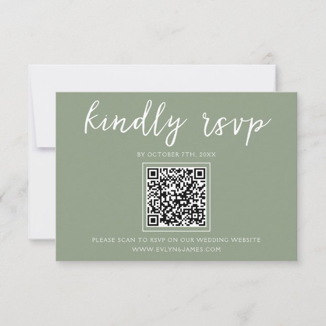 Cartons Réponse Élégant Sage Green Script QR Code Site Mariage (Devant)