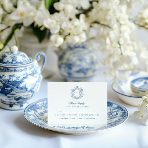 Cartons Réponse Élégant Script Bleu Armoiries Florales Mariage RSV