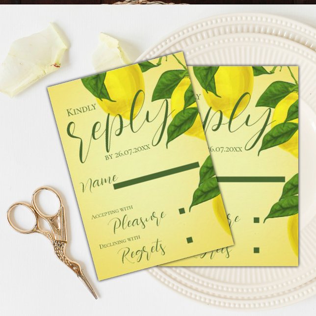Cartons Réponse Élégant script brillant Citrus jaune Mariage (Elegant Script Bright Yellow Citrus Wedding RSVP Card)