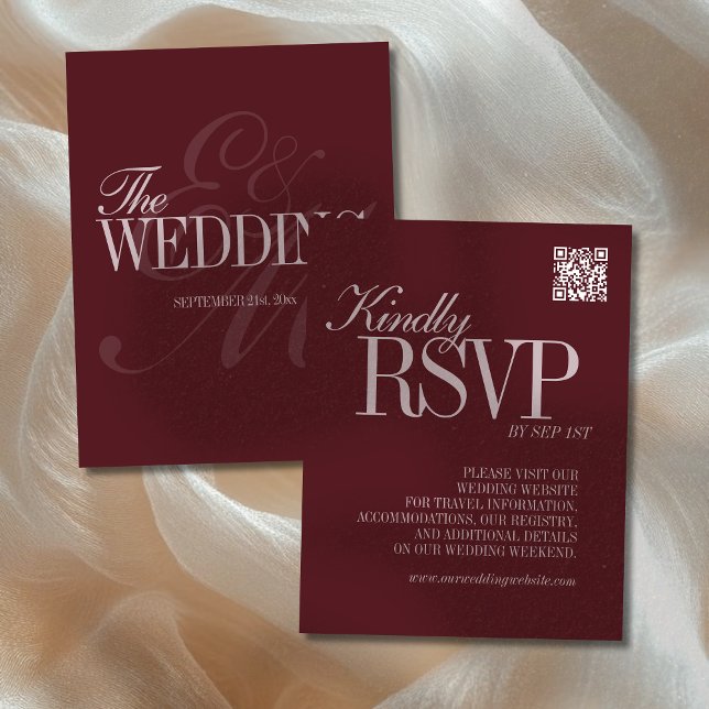 Cartons Réponse Elegant Script Burgundy Red QR Code Formal Wedding (Announce your upcoming wedding to guests with this Elegant Script Burgundy Red Formal Wedding RSVP!)
