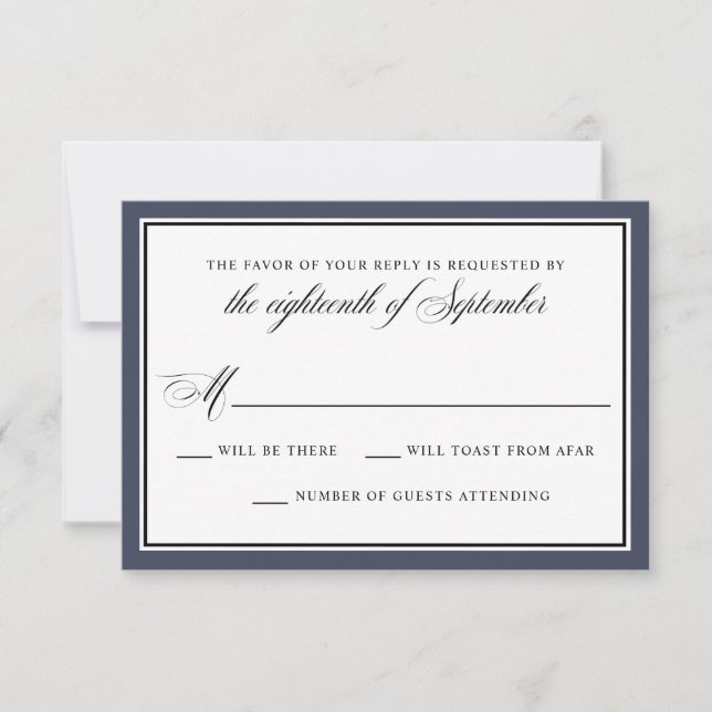 Cartons Réponse Élégant script de calligraphie Marine Blue Wedding (Devant)
