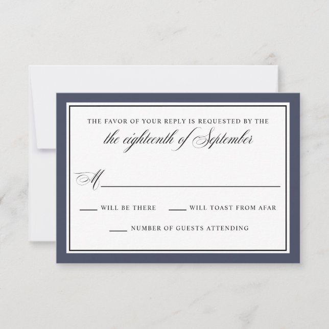 Cartons Réponse Élégant script de calligraphie Marine Blue Wedding (Devant)