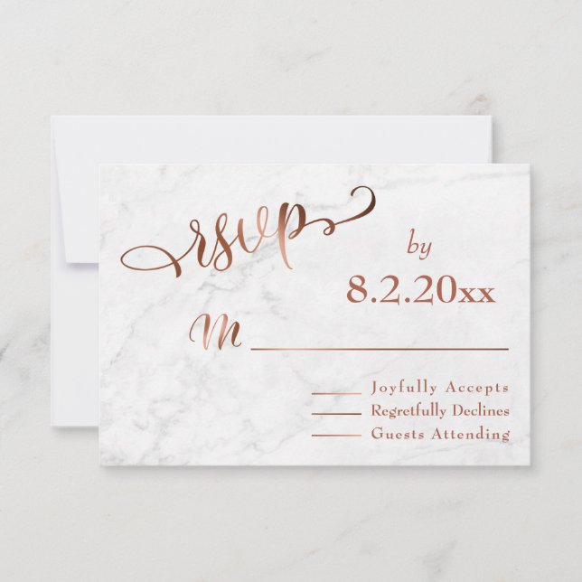 Cartons Réponse Élégant script en cuivre avec mariage Marbre blanc (Devant)