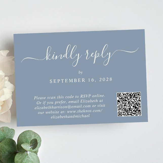 Cartons Réponse Élégant Script Photo QR Code Dusty Blue Mariage (Our user-friendly template will generate your QR code automatically from your website address)