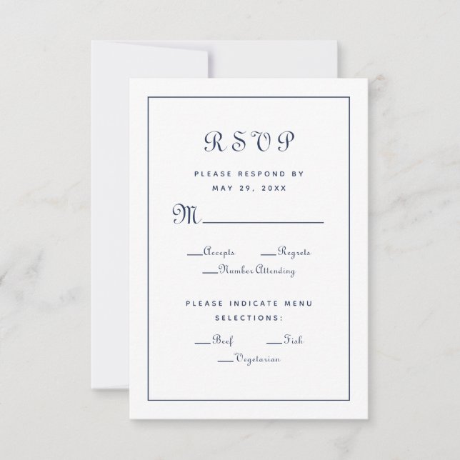Cartons Réponse Élégant Script Repas Choix Mariage Bleu Boîtier (Devant)