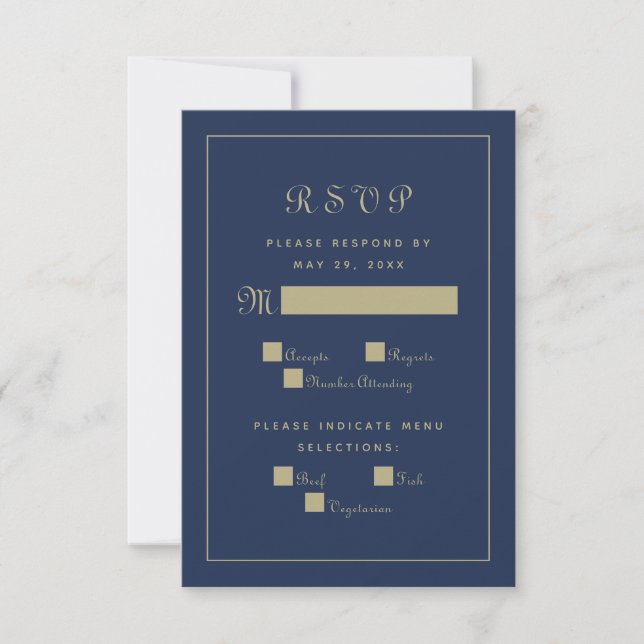 Cartons Réponse Élégant Script Repas Mariage Boîtier Or Bleu (Devant)