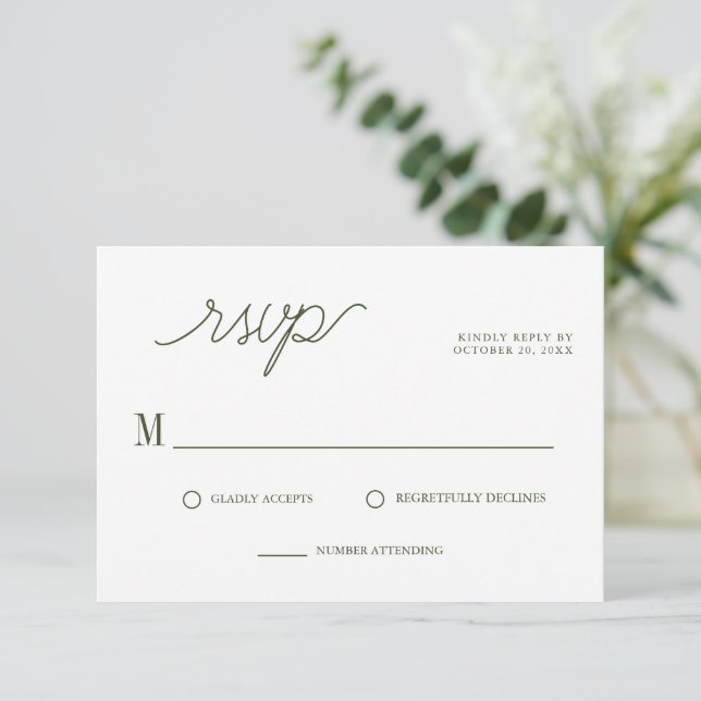 Cartons Réponse Élégant Script Vert olive Mariage minimal (Debout devant)