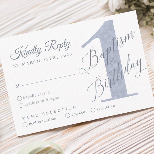 Cartons Réponse Élégant Script Violet Baptême de 1er anniversaire  (Elegant Script Violet Baby's 1st Birthday Baptism RSVP Card)