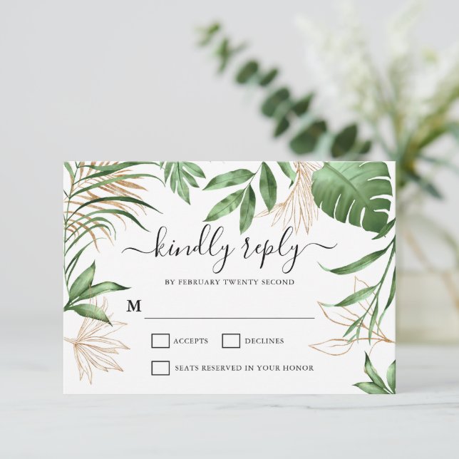 Cartons Réponse Élégant Tropical Summer Green & Gold Mariage (Debout devant)