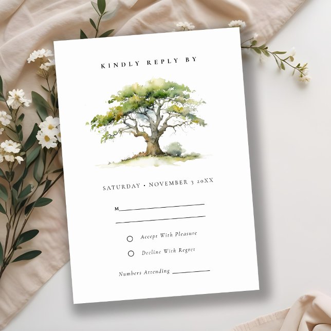 Cartons Réponse Elegant Vert Aquarelle Chêne Arbre Détails Mariage (Créateur téléchargé)
