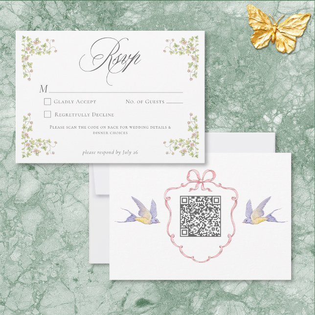 Cartons Réponse Elegant Victorian Pastel Floral Bow Wedding QR (Elegant Victorian Pastel Floral Bow Wedding QR RSVP Card)