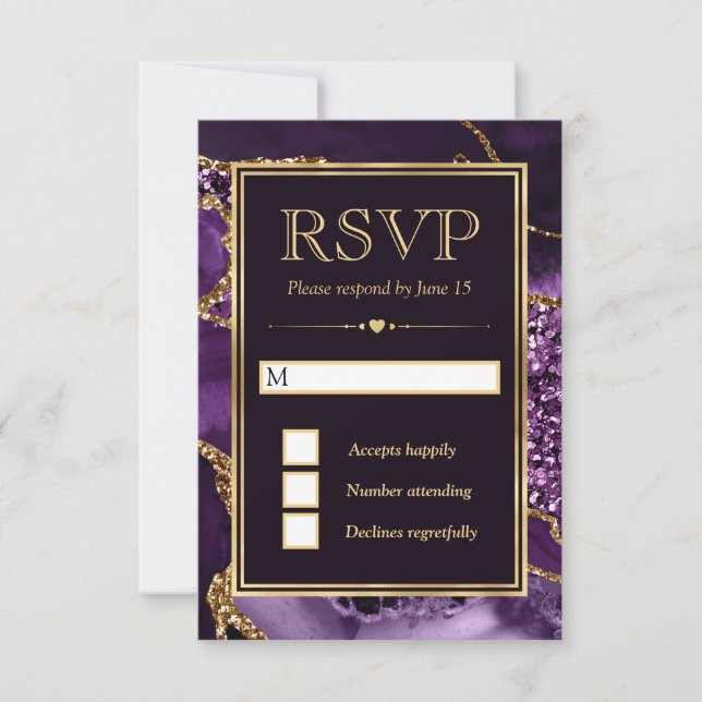 Cartons Réponse Élégant violet et or Parties scintillant Mariage d (Devant)