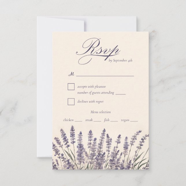 Cartons Réponse Élégant violet Lavande Mariage choix de repas (Devant)