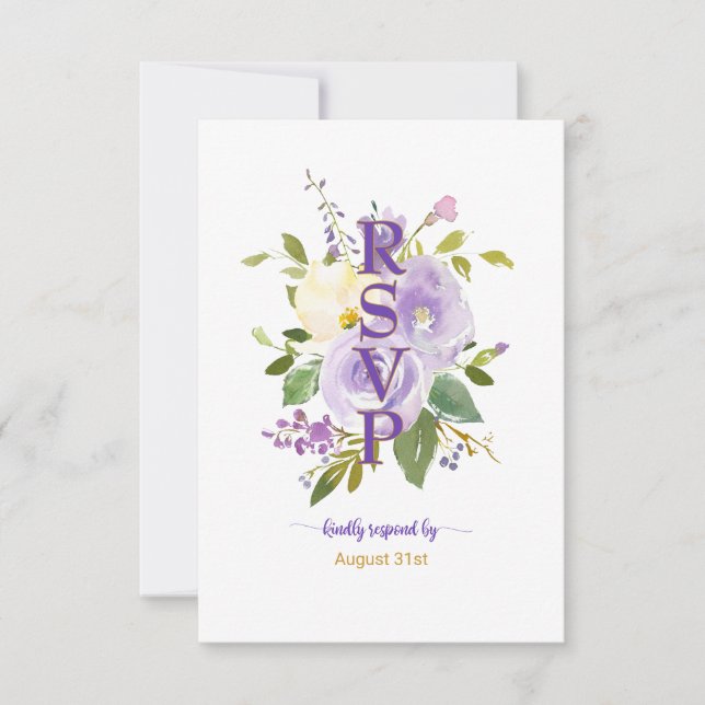 Cartons Réponse Elégant violet or Aquarelle Mariage Floral (Devant)