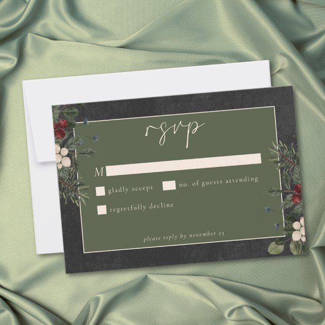 Cartons Réponse Elegant Winter Berries & Pine Black Wedding (Elegant Winter Berries & Pine Black Wedding RSVP Card)