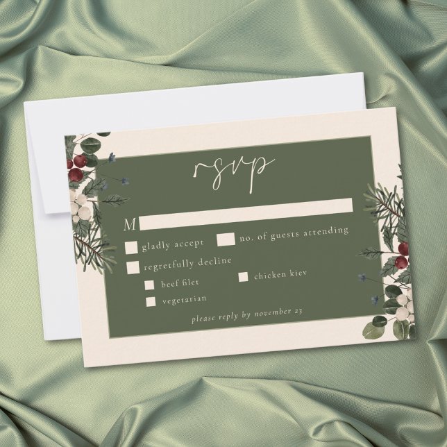 Cartons Réponse Elegant Winter Berries & Pine Ivory Wedding (Elegant Winter Berries & Pine Ivory Wedding RSVP Card)