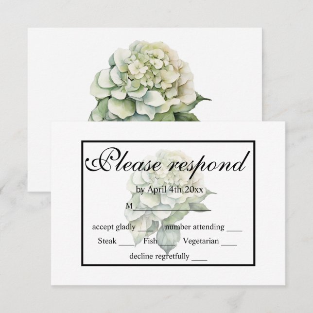 Cartons Réponse Elégante aquarelle blanche vert hydrangée florale (Devant / Derrière)