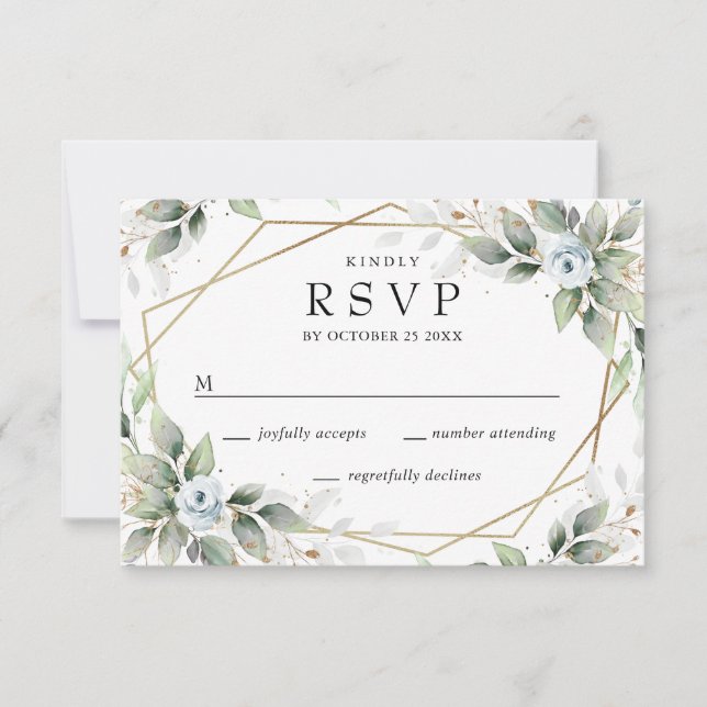 Cartons Réponse Elégante aquarelle Dusty Blue Foliage Mariage (Devant)