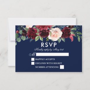 Cartons Réponse Elégante aquarelle Floral Bourgogne Mariage bleu
