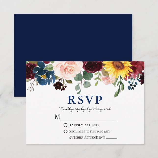 Cartons Réponse Elégante aquarelle Floral Mariage Bleu (Devant / Derrière)