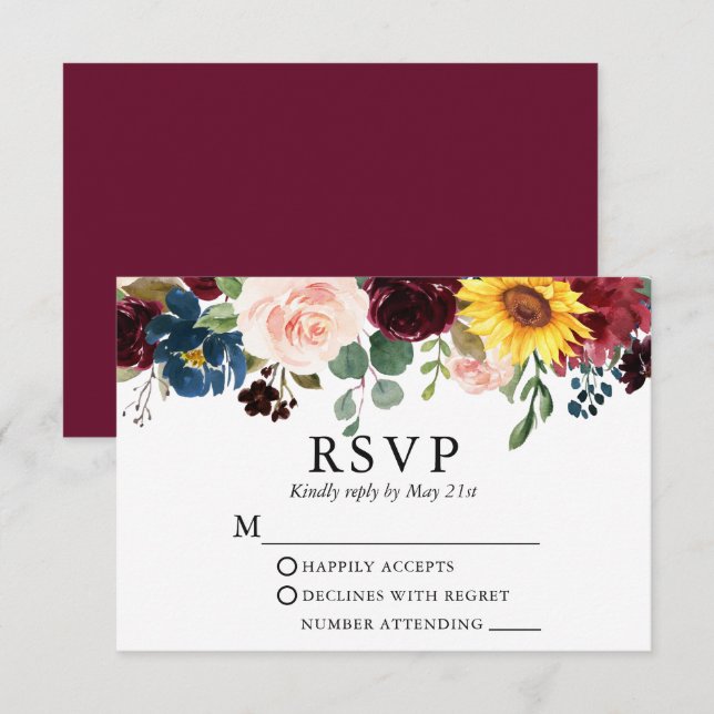 Cartons Réponse Elégante aquarelle Mixte Floral Mariage Bourgogne (Devant / Derrière)