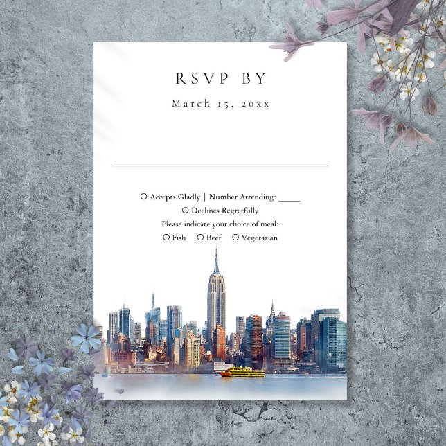Cartons Réponse Elégante aquarelle New York Mariage (Elegant Watercolor New York City Wedding RSVP Card)