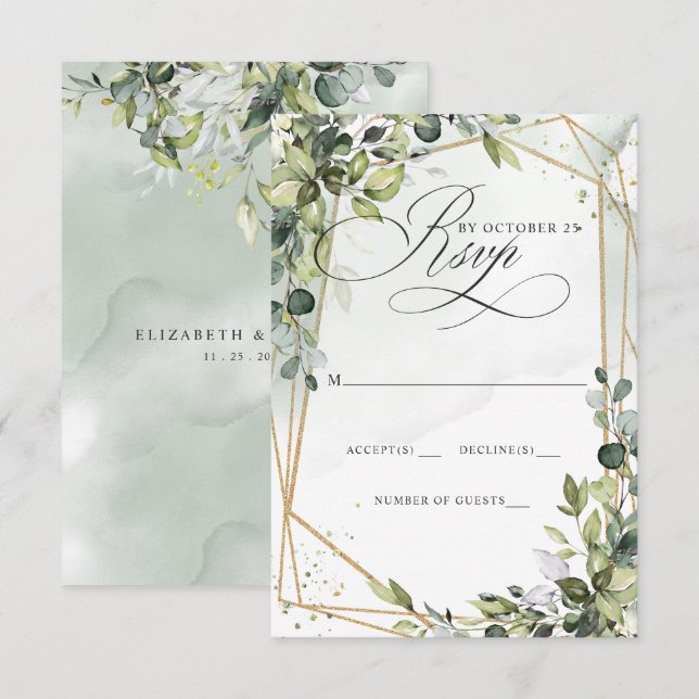 Cartons Réponse Élégante calligraphie Verdure Eucalyptus Mariage (Devant / Derrière)