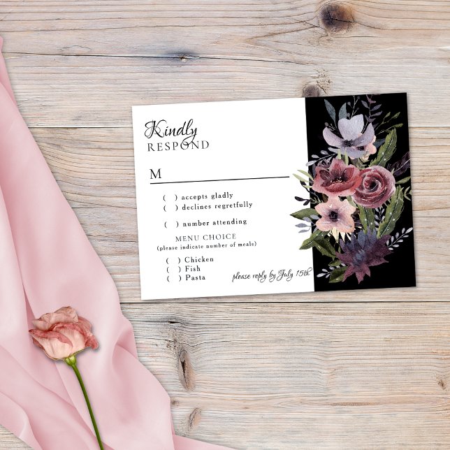 Cartons Réponse Elégante Cascade florale foncée Noir Bourgogne RSV (Créateur téléchargé)