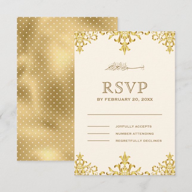 Cartons Réponse Elégante crème et or Foil Damask Mariage islamique (Devant / Derrière)