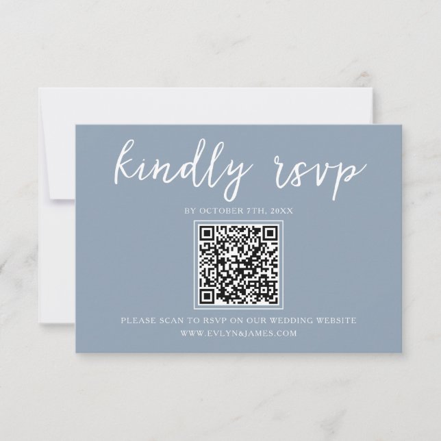 Cartons Réponse Élégante Dusty Blue Calligraphy QR Code Mariage (Devant)