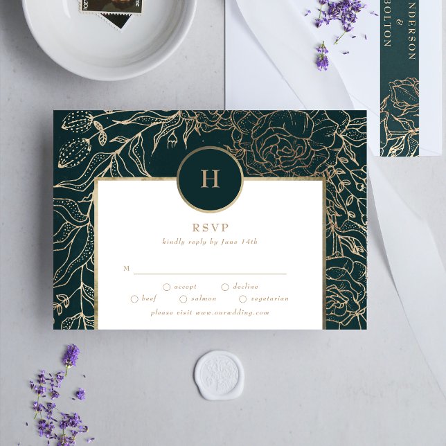 Cartons Réponse Élégante huile d'or & Emerald Green Wreath Monogra (RSVP showcasing suite - additional items (bought separately))