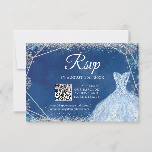 Cartons Réponse Elégante Marine Bleu Argent Noël Quinceañera QR (Devant)