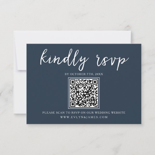 Cartons Réponse Élégante Marine Blue Calligraphy QR Code Mariage (Devant)